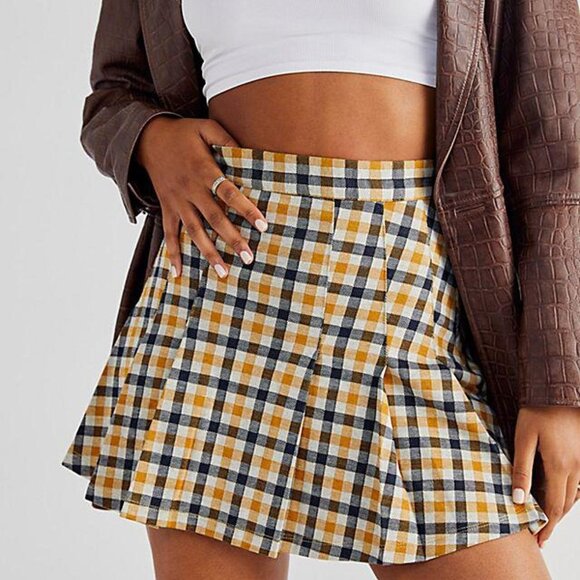NWT Free People Honey Gold Plaid Printed Mini Skirt Women's 0 - Picture 2 of 8
